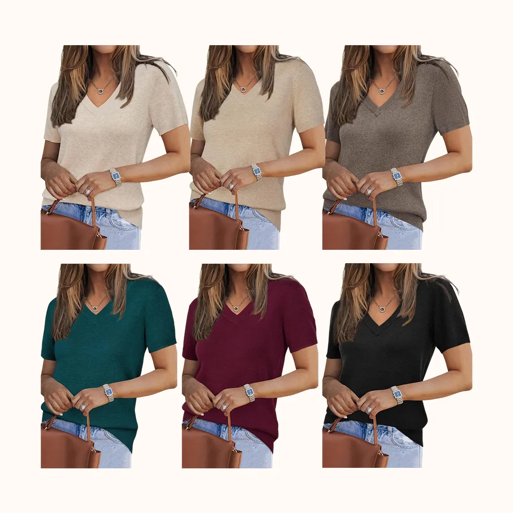 Womens Wool Blend Sweater Soft V Neck Short Sleeve Spring Fashion Pullover Tops