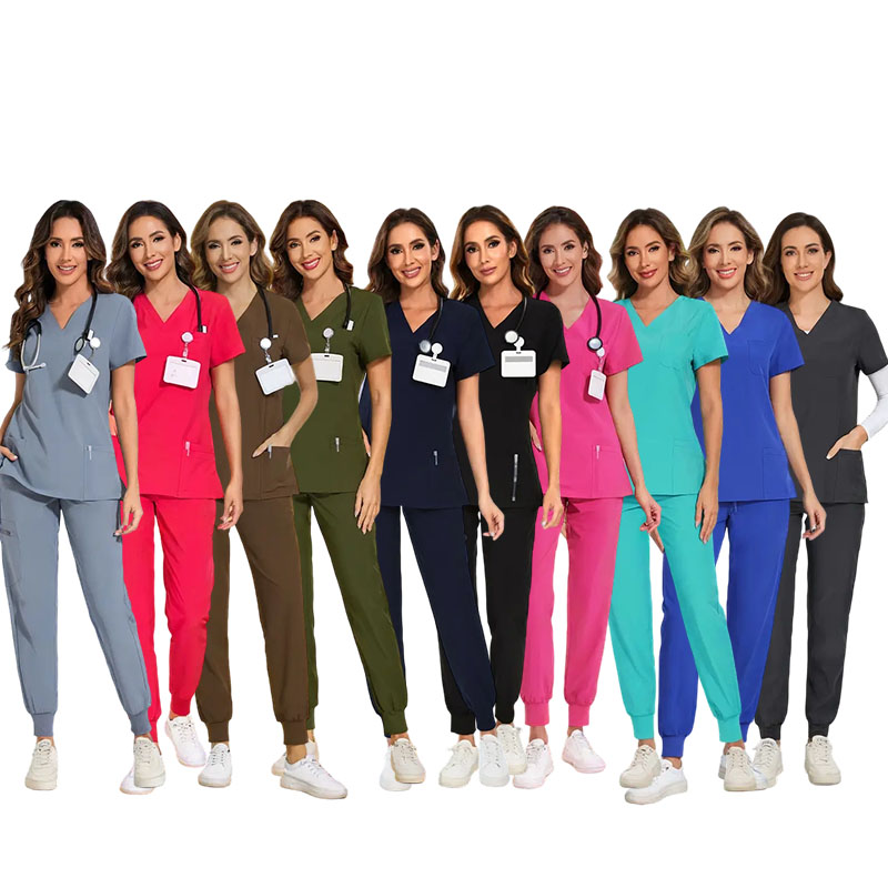 Women Stretch V-Neck Scrub Top & Jogger Pant Set   with 8 Pockets