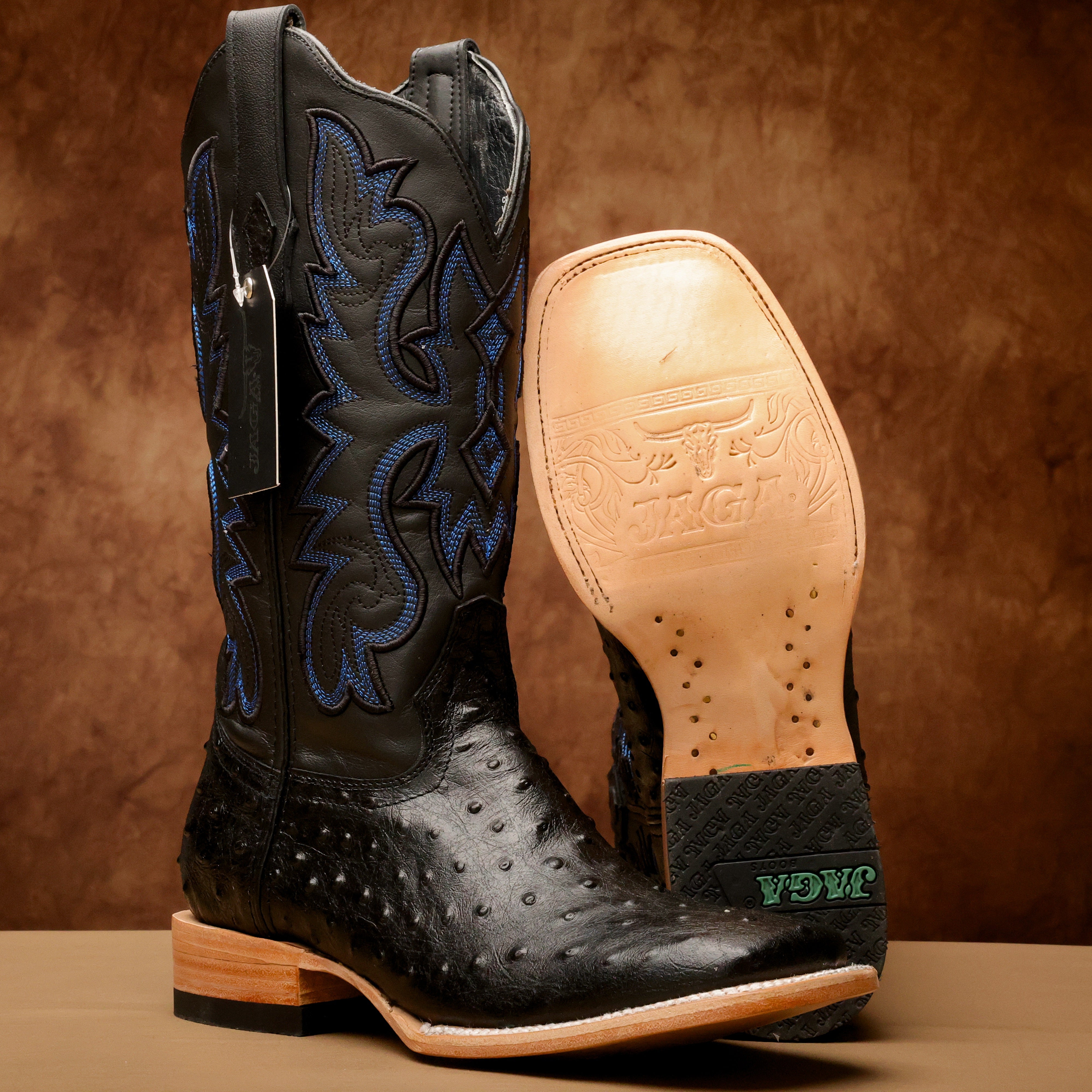 Black Ostrich Leather Boots - Square Toe