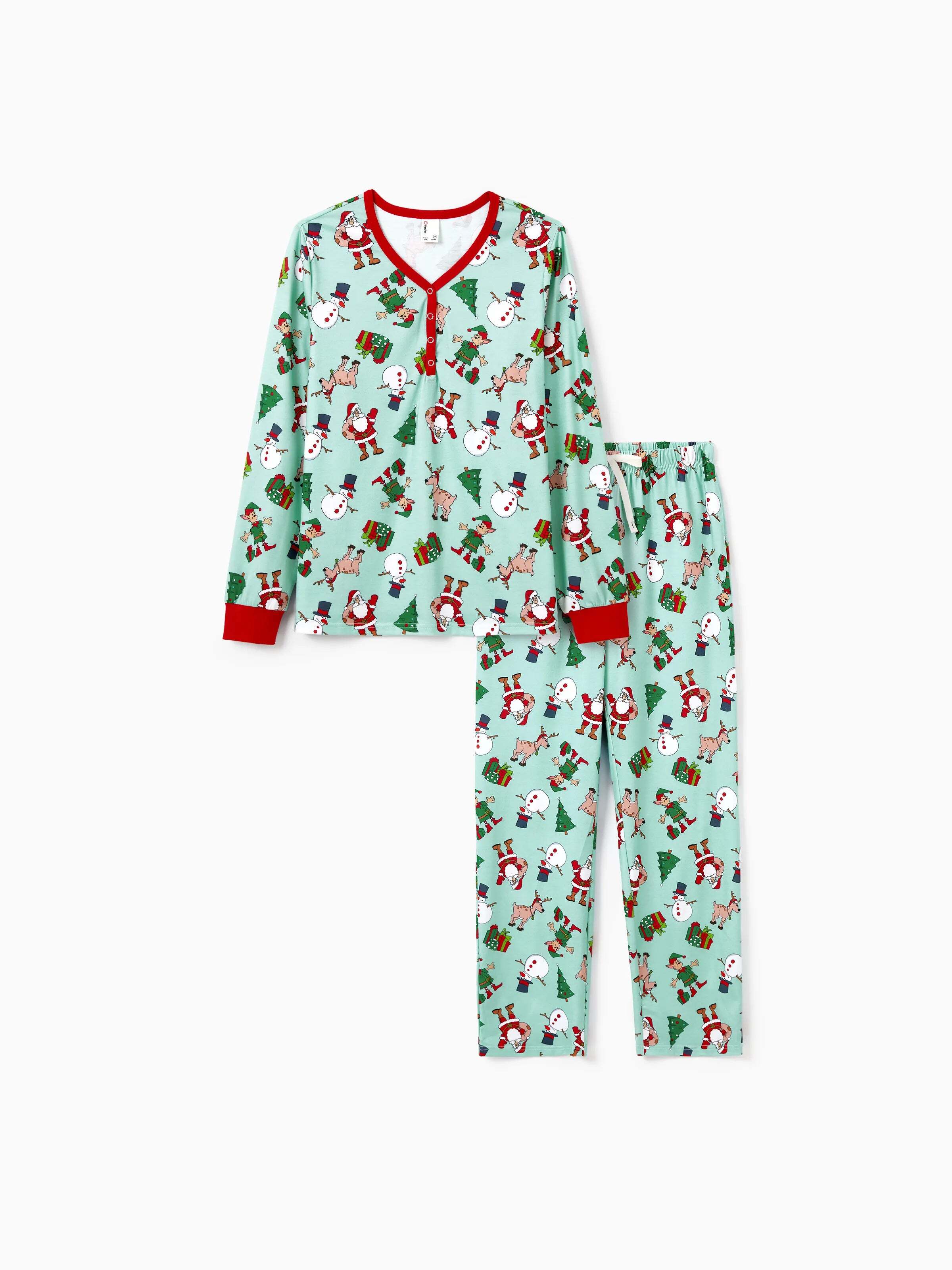 Christmas Matching Family Pajamas Set Reindeer Christmas-themed Print PJS with Christmas Socks Pale Green