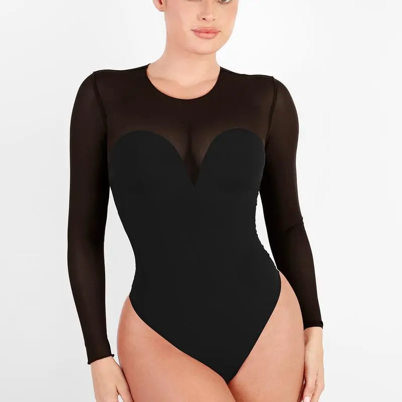 Deep V-Neck Long Sleeve Bodysuit Breathable Fabric Sheer Lace Turtleneck with Built-in Bra