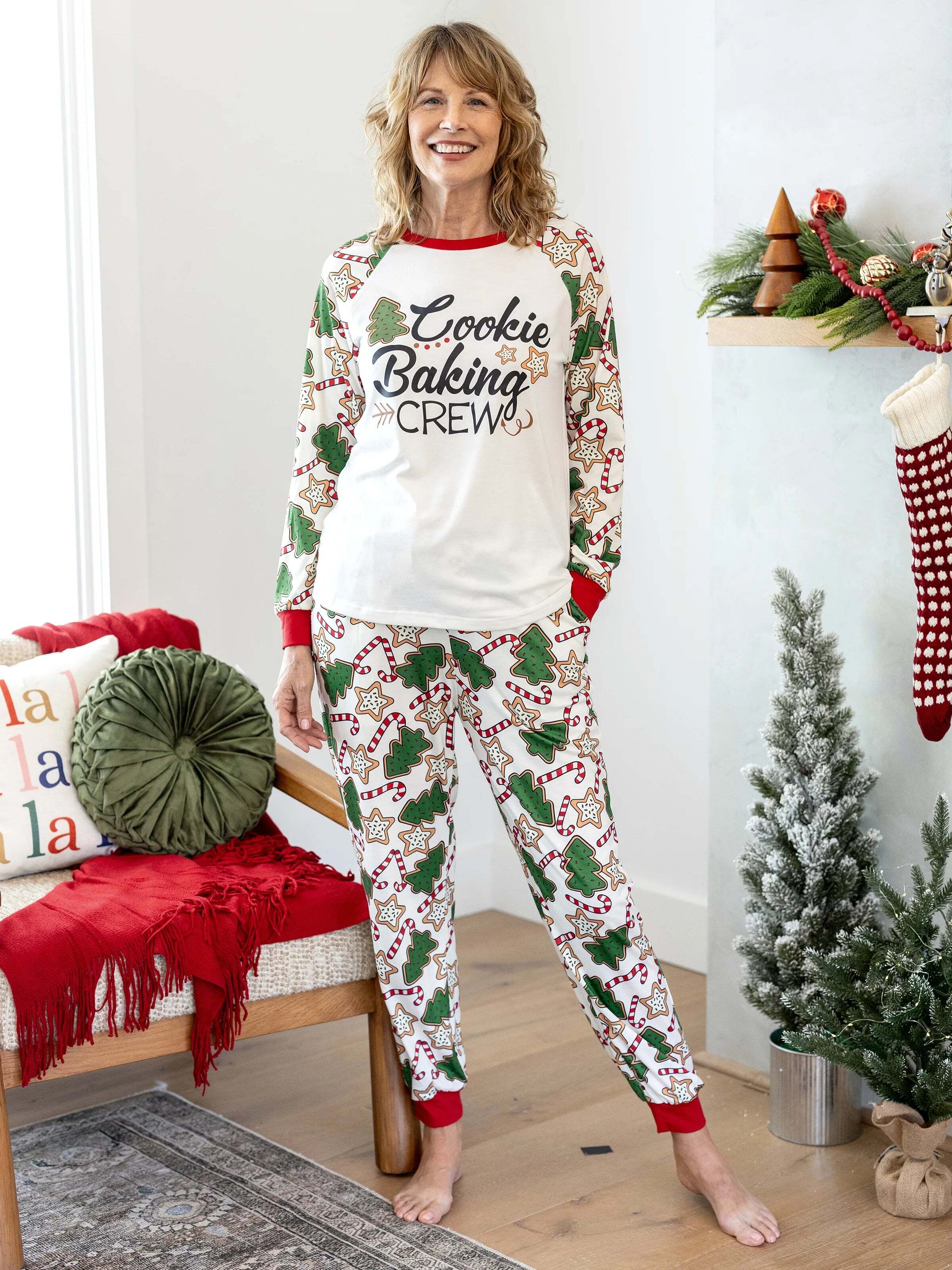 Christmas Matching Family Pajamas Set Christmas Tree Print Red and Apricot PJS with Christmas Socks Apricot