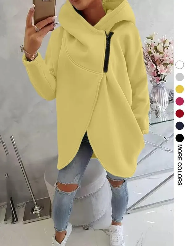 Women's Plus Size Hooded Sweatshirt, Full Zip Fashion Design, Asymmetrical Hem