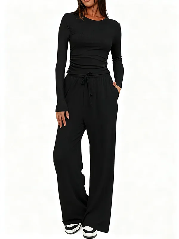 Women's Solid Ruched Drawstring Loungewear Set