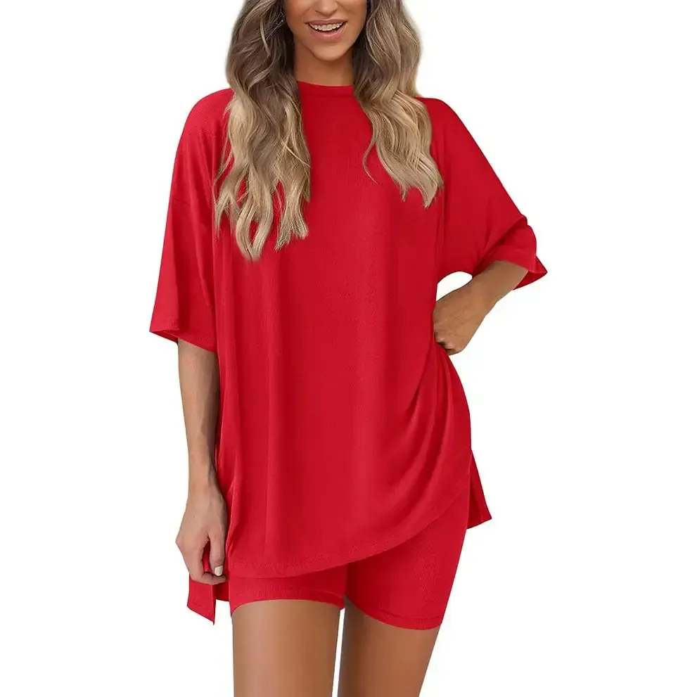Crewneck Two-Piece Set For Women Summer Casual Oversized Split Hem Shirts