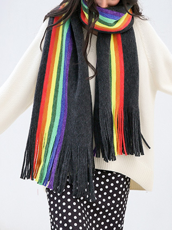 Contrast Color Keep Warm Multi-Colored Tasseled Scarf