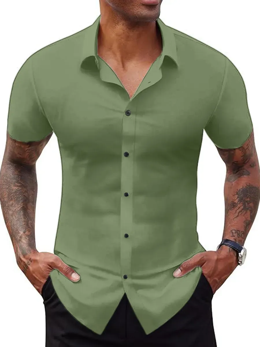 Alimens&Gentle Stretch Dress Shirts For Men Short Sleeve Slim Fit Casual Button Down Shirts Muscle Fit Men'S Dress Shirts