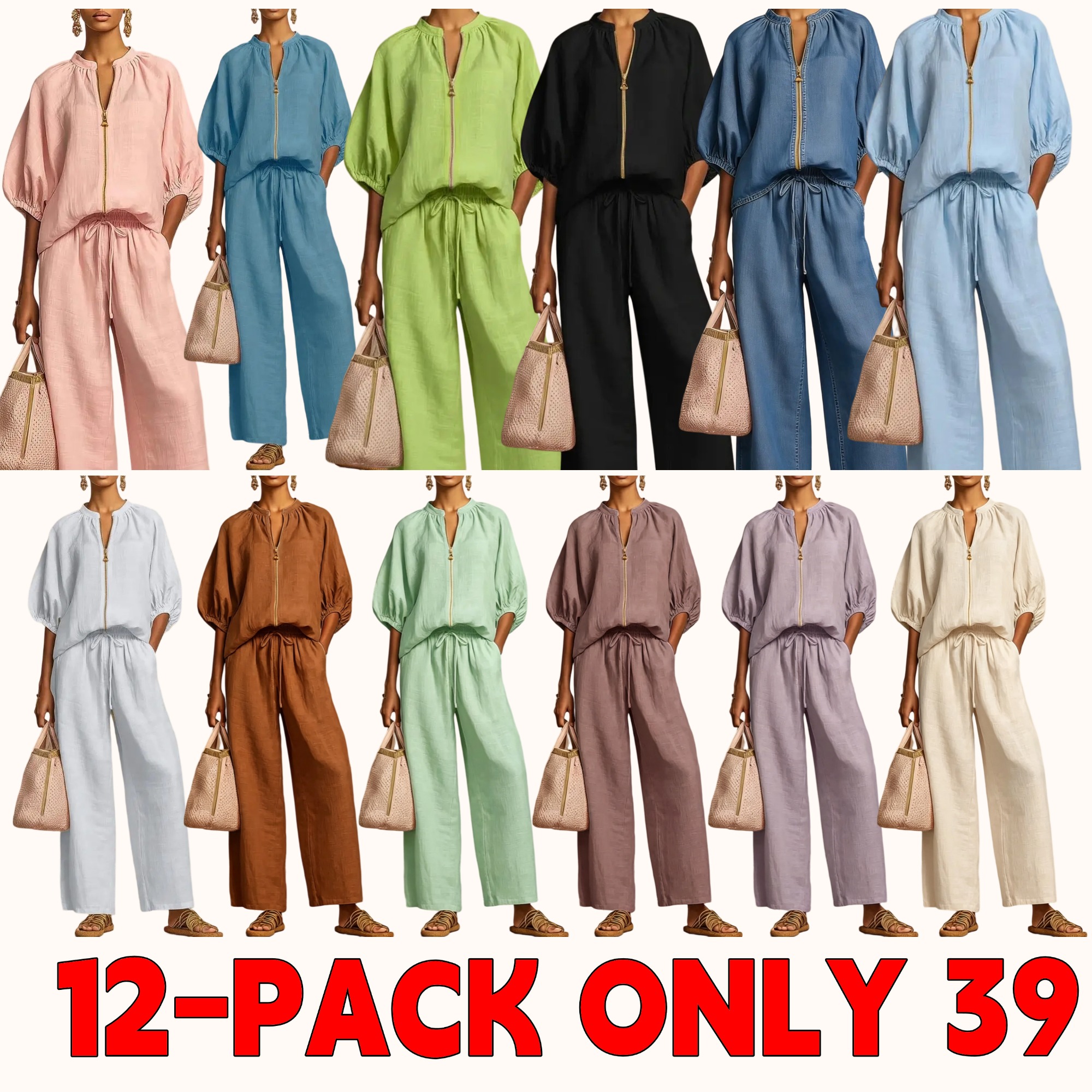 Women's Matching Lounge Set Quarter Zip Pullover Top Loose Wide Leg Pants 2 Piece Sweatsuit Casual Outfit