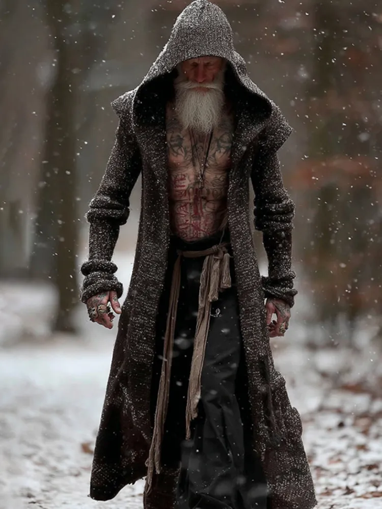 Men's Vintage Viking Art Cozy Long Cardigan Sweater