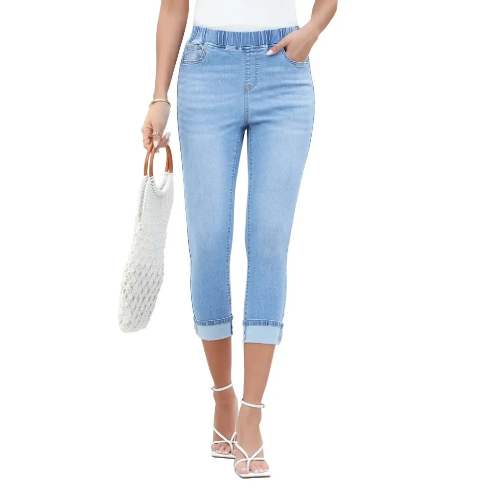 Women High Waisted Skinny Capri Pants Trendy Stretch Denim Cropped Jeans