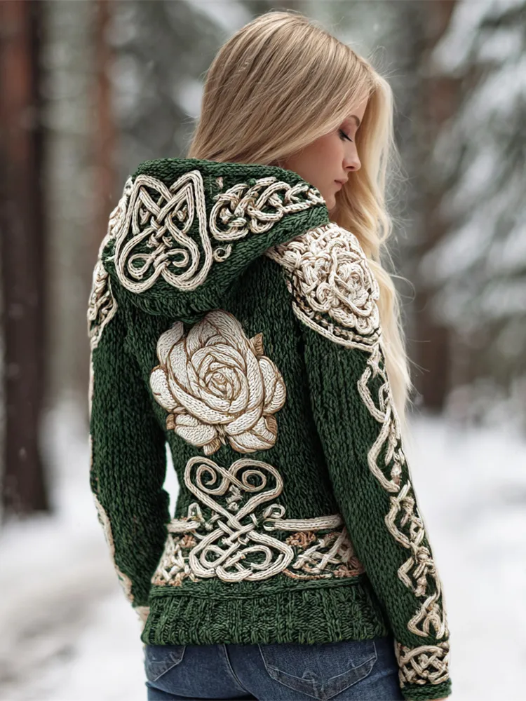 Celtic Knot & Rose Knit Art Women's Hooded Sweater