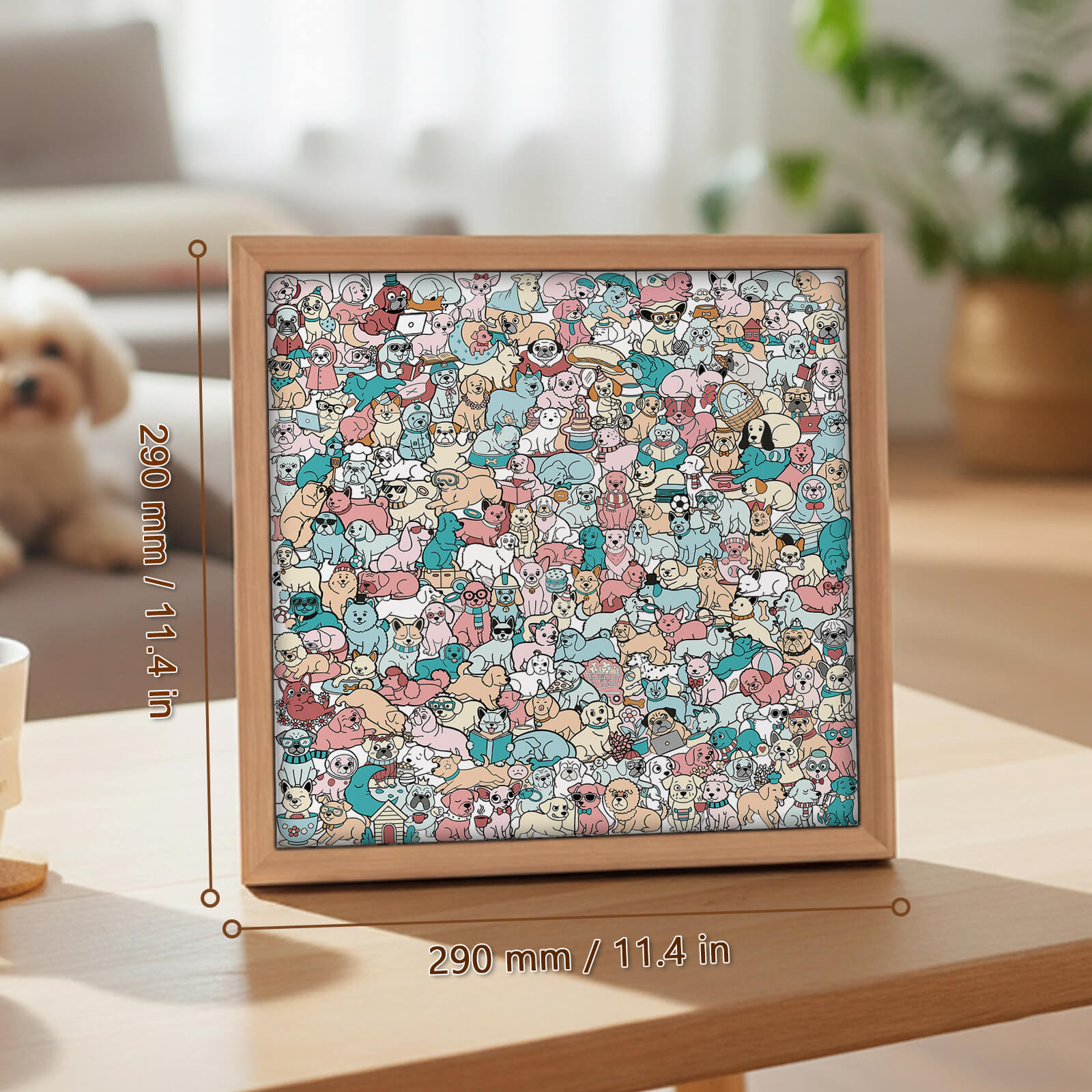 195 Pcs Morandi-Colored Cute Dog Shaped Square Wooden Jigsaw Puzzle
