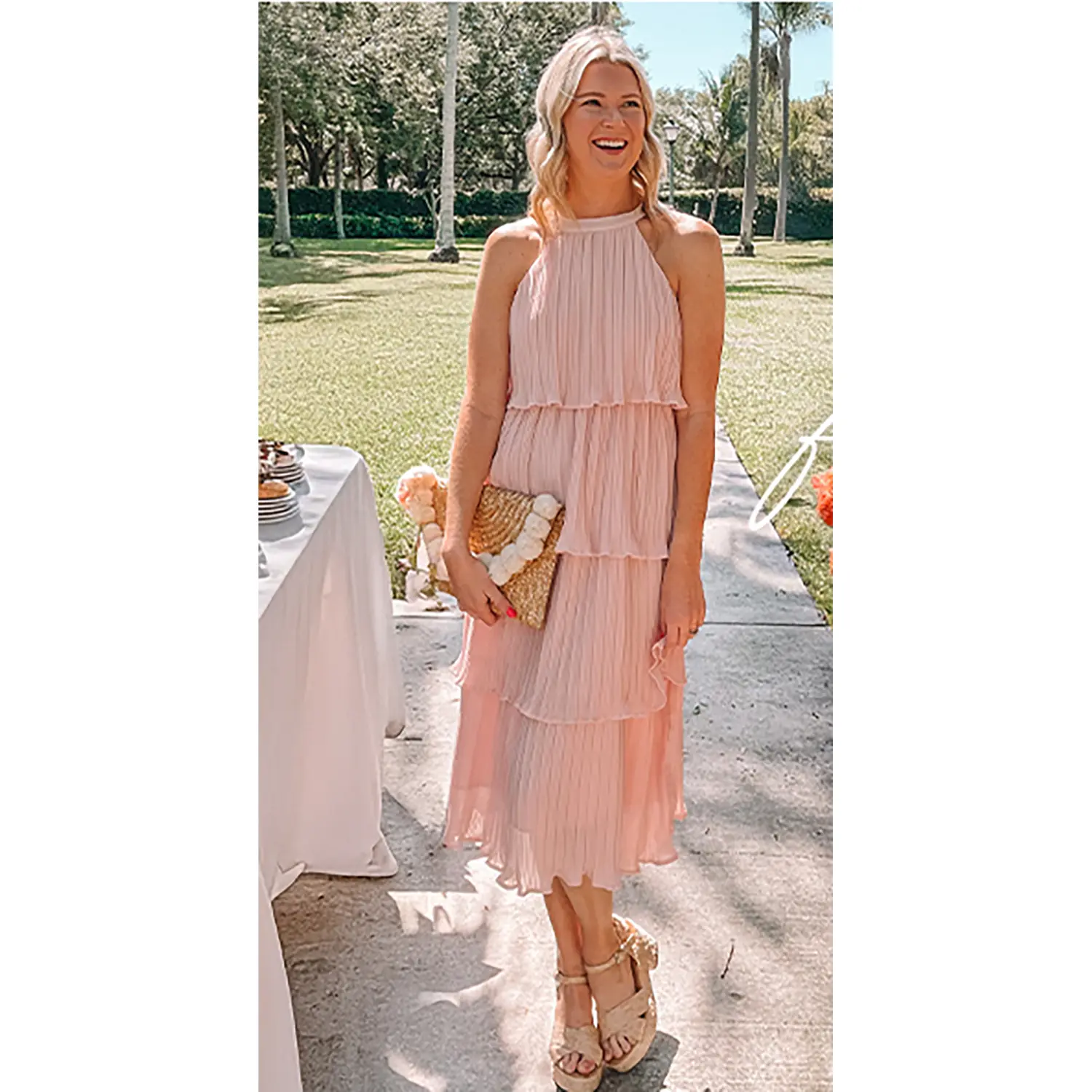 Women's 2025 Summer Sleeveless Halter Neck Ruffle Tiered Layed Chiffon Flowy Swing Long Midi Dress