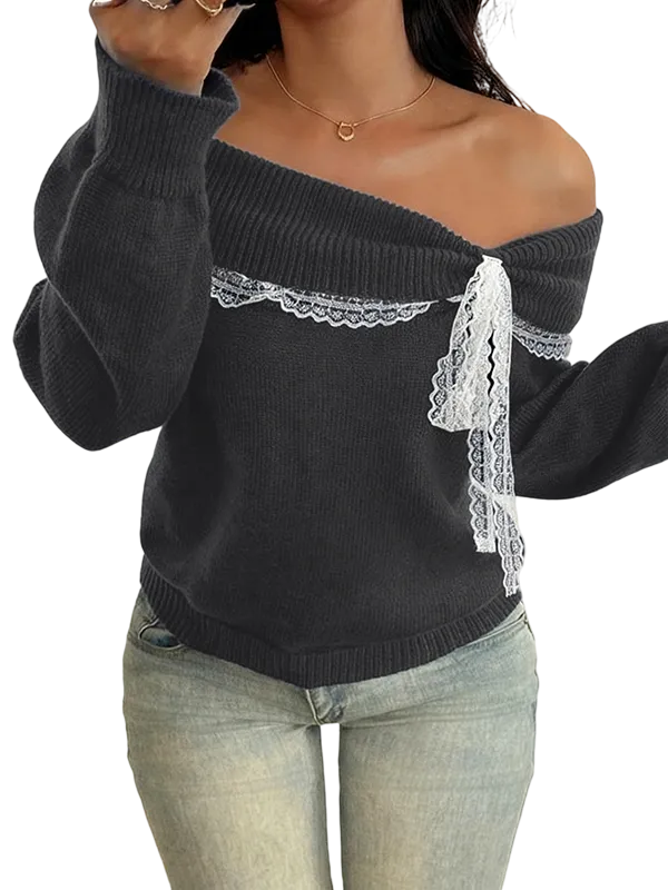 Women's off-shoulder lace bow sweater