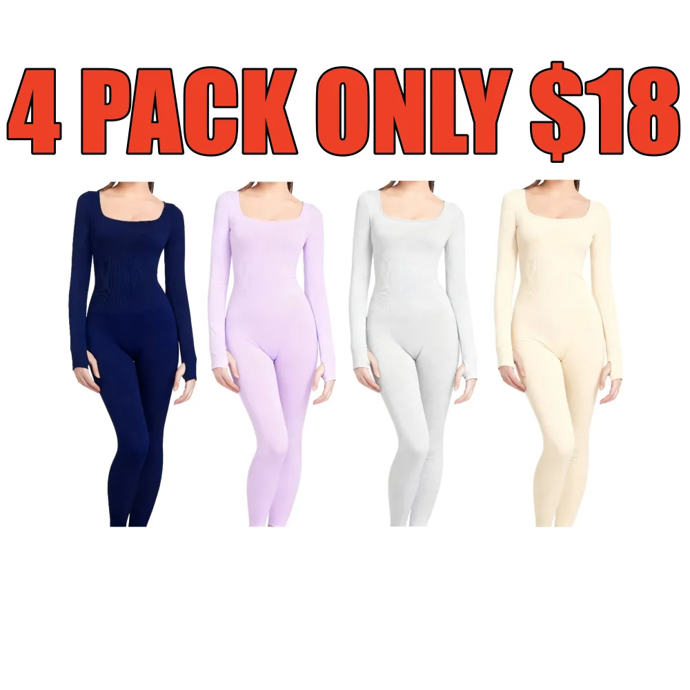 Women Tummy Control Square Neck Ribbed Jumpsuit