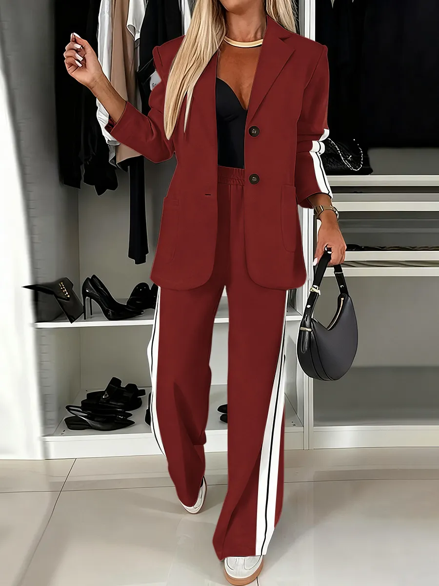 Women's Striped Print Blazer Jacket & Wide Leg Pants Set