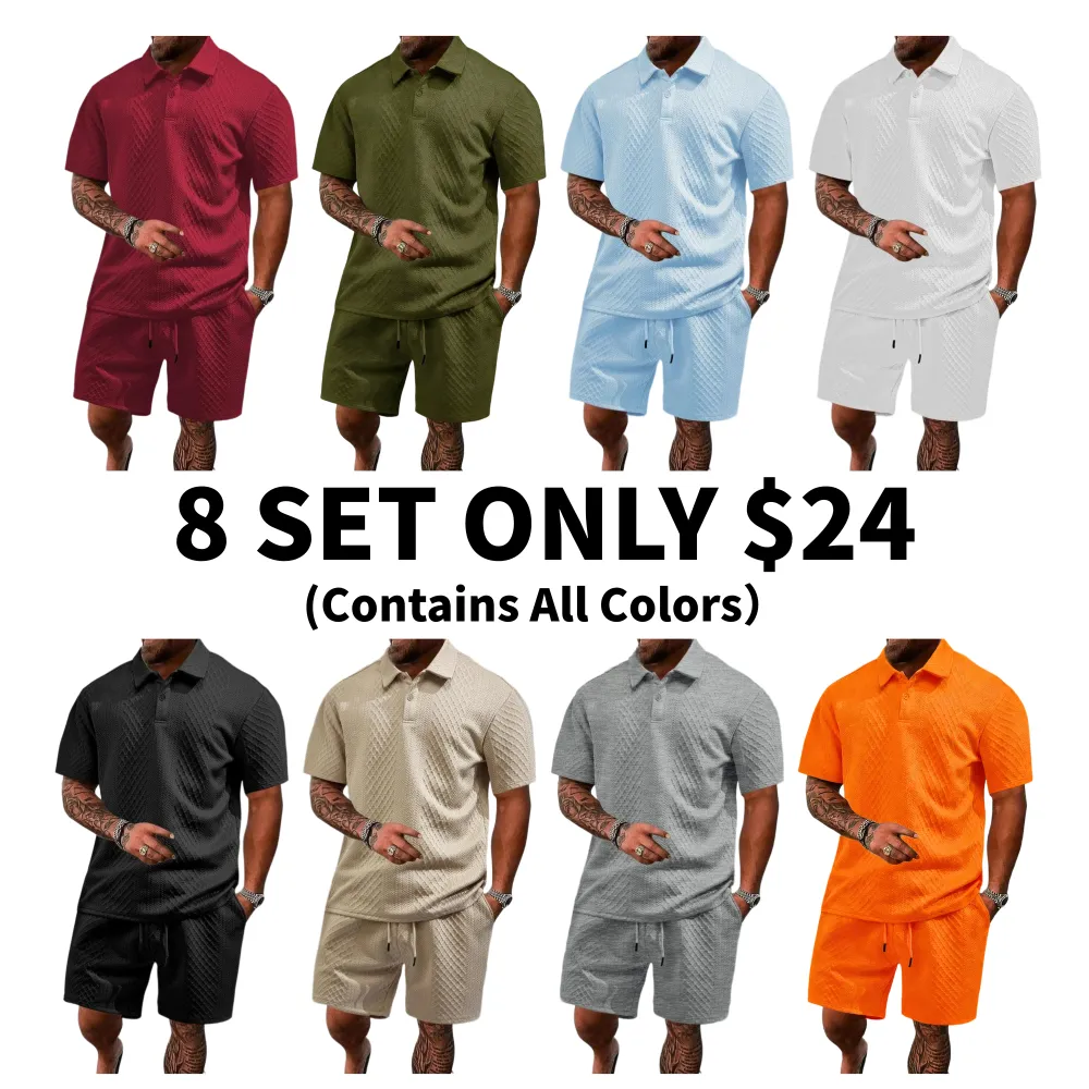 🔥 8-Set Men's Textured Polo & Shorts Sets – Casual Summer Two-Piece Outfits