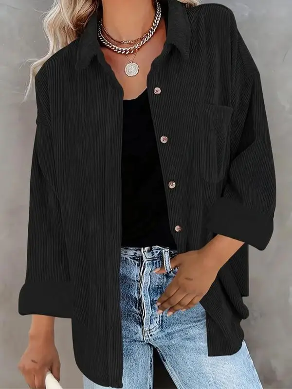 Women's Plain Pocket Button Front Corduroy Shirt