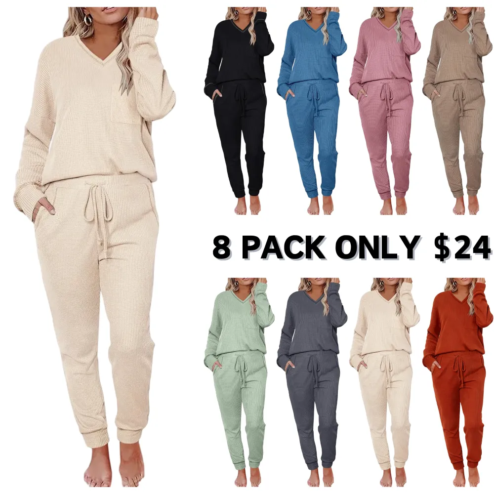 V-neck waffle knit top and pants casual set