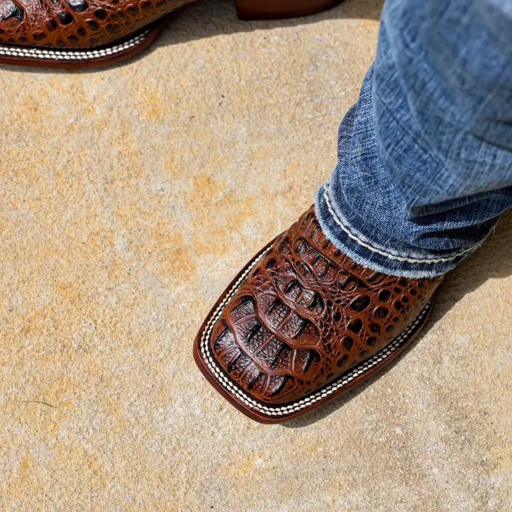 Brown Caiman Neck Leather Boots - Square Toe