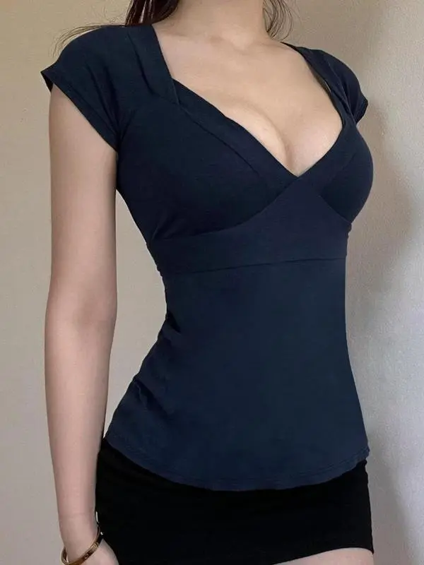 Women's Plain Tee, Basic Casual Minimalist Short Sleeve Slim Fit T-shirt