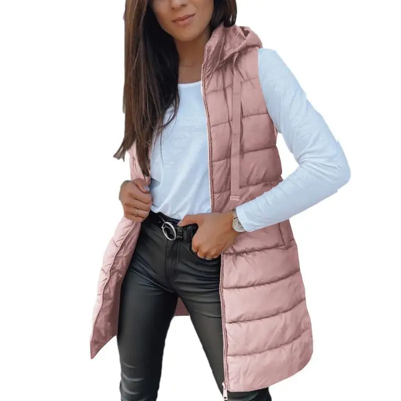 Women Long Vest Solid Color Sleeveless Hood Winter Puffer Vest Outwear
