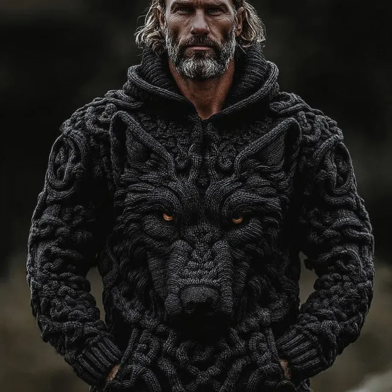 Men's Viking Wolf Style Celtic Thick Hooded Sweater