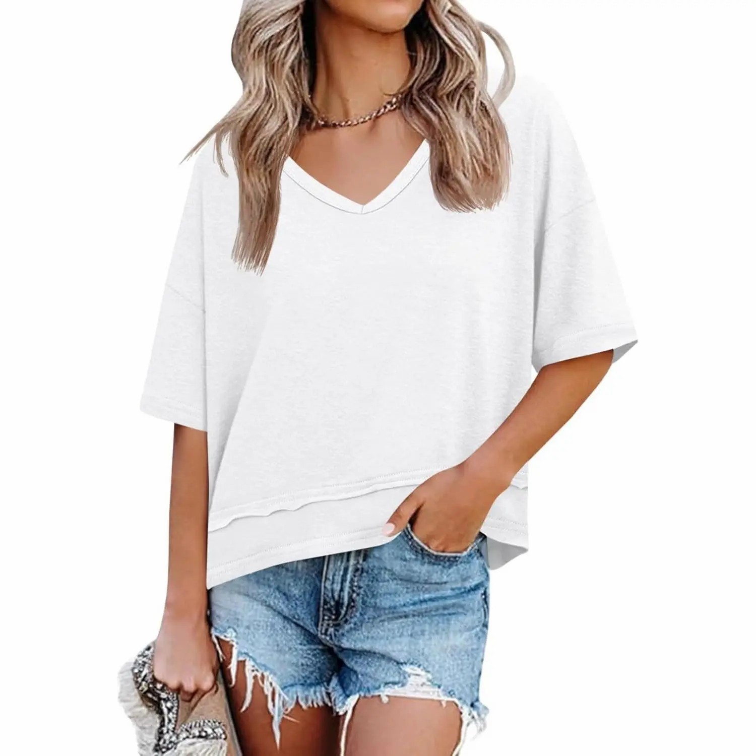 Women's V Neck Flowy Short Sleeve Tee – Casual Loose Fit Basic Top