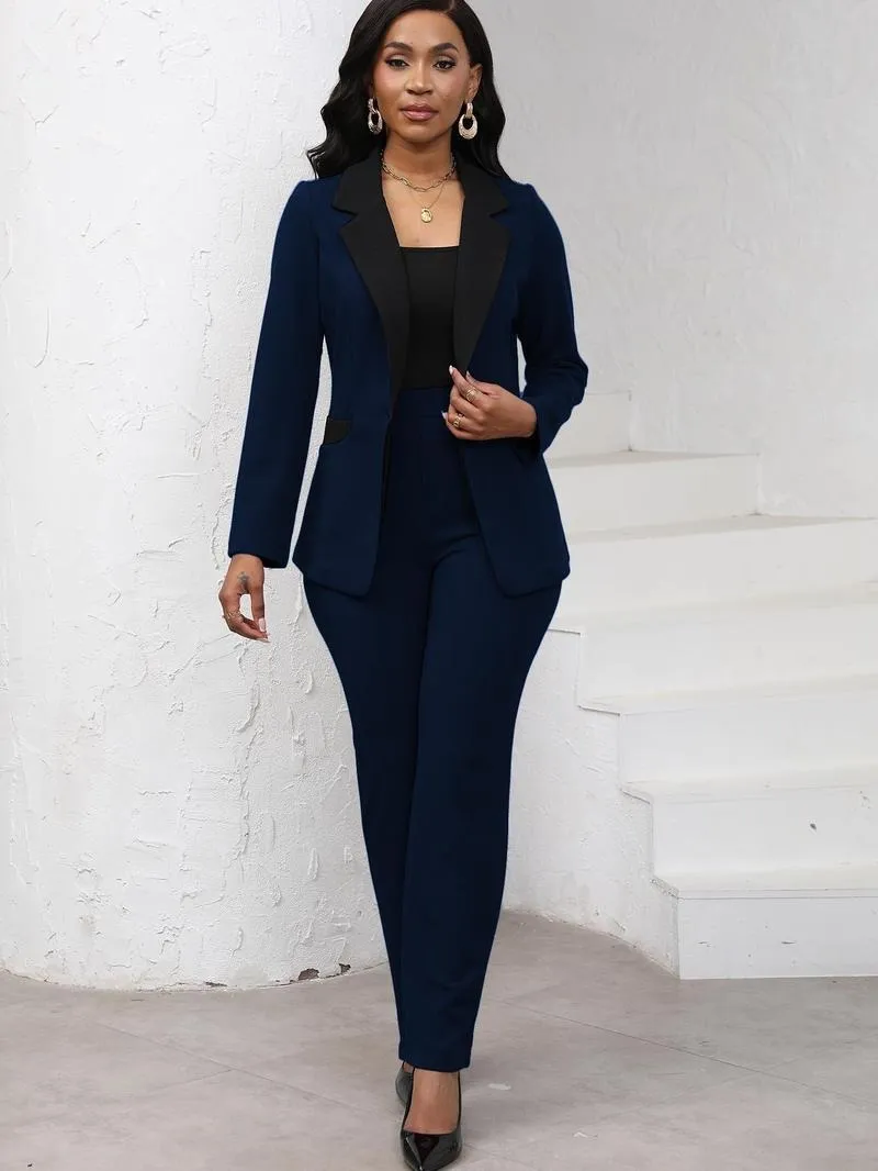 Women's Colorblock Blazer & Straight Leg Pants Set, Elegant Two-piece Set for Work Office Business, Ladies' Suits for All Seasons