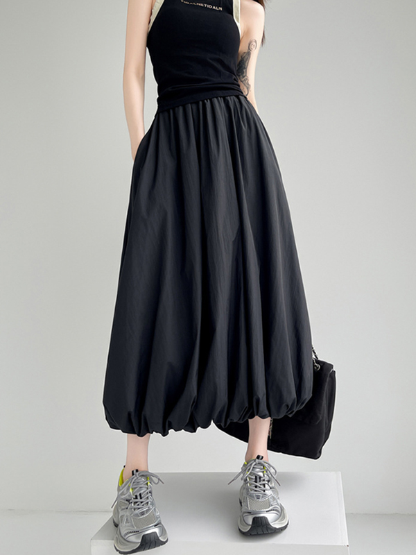 Elasticity Pleated Pockets Solid Color A-Line Loose Skirts Bottoms
