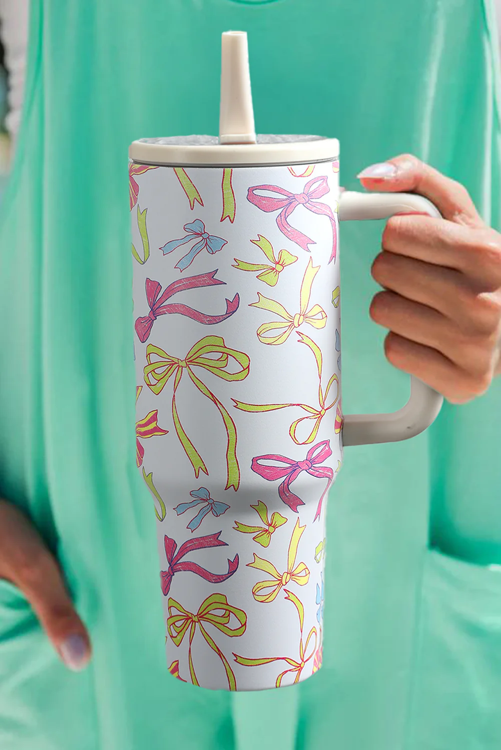 White Bow Knot Print Handle Straw Insulate Tumbler 40oz