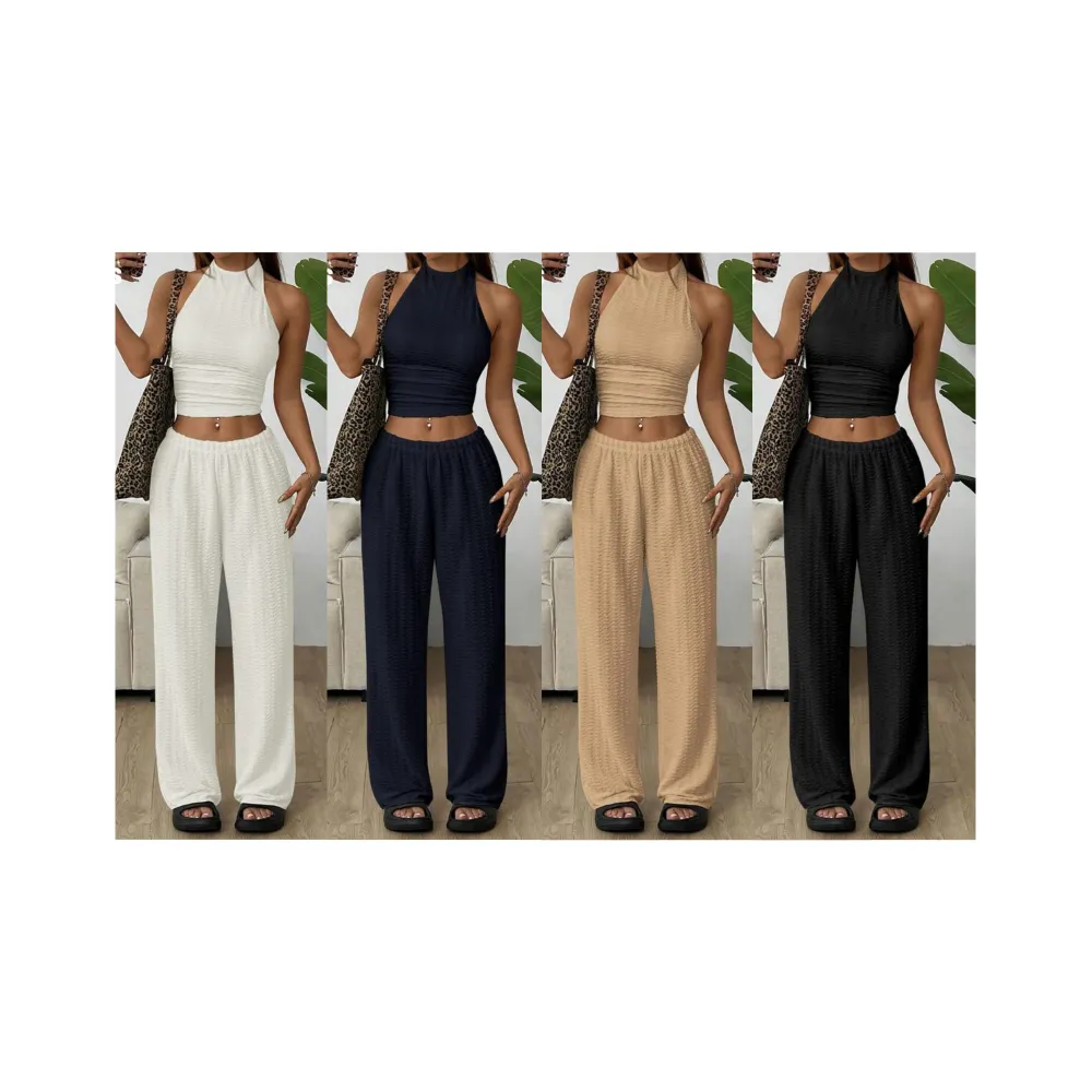 Women's Solid Crop Halter Neck Top & Wide Leg Pants Set