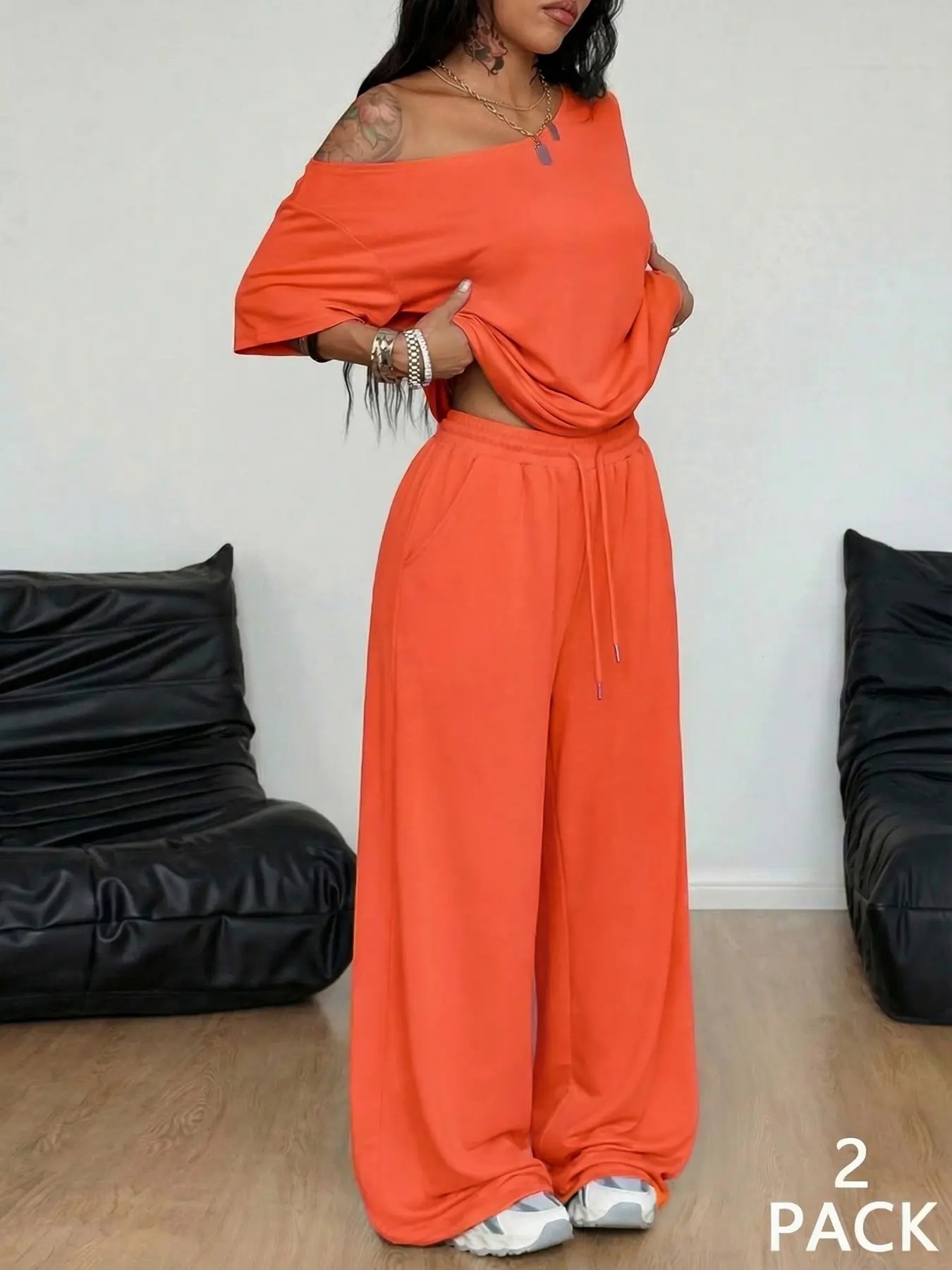 【Stock Up Deals】Minimalist 2-Piece Set: Comfy Off-Shoulder Top & Flowy Wide-Leg Pants