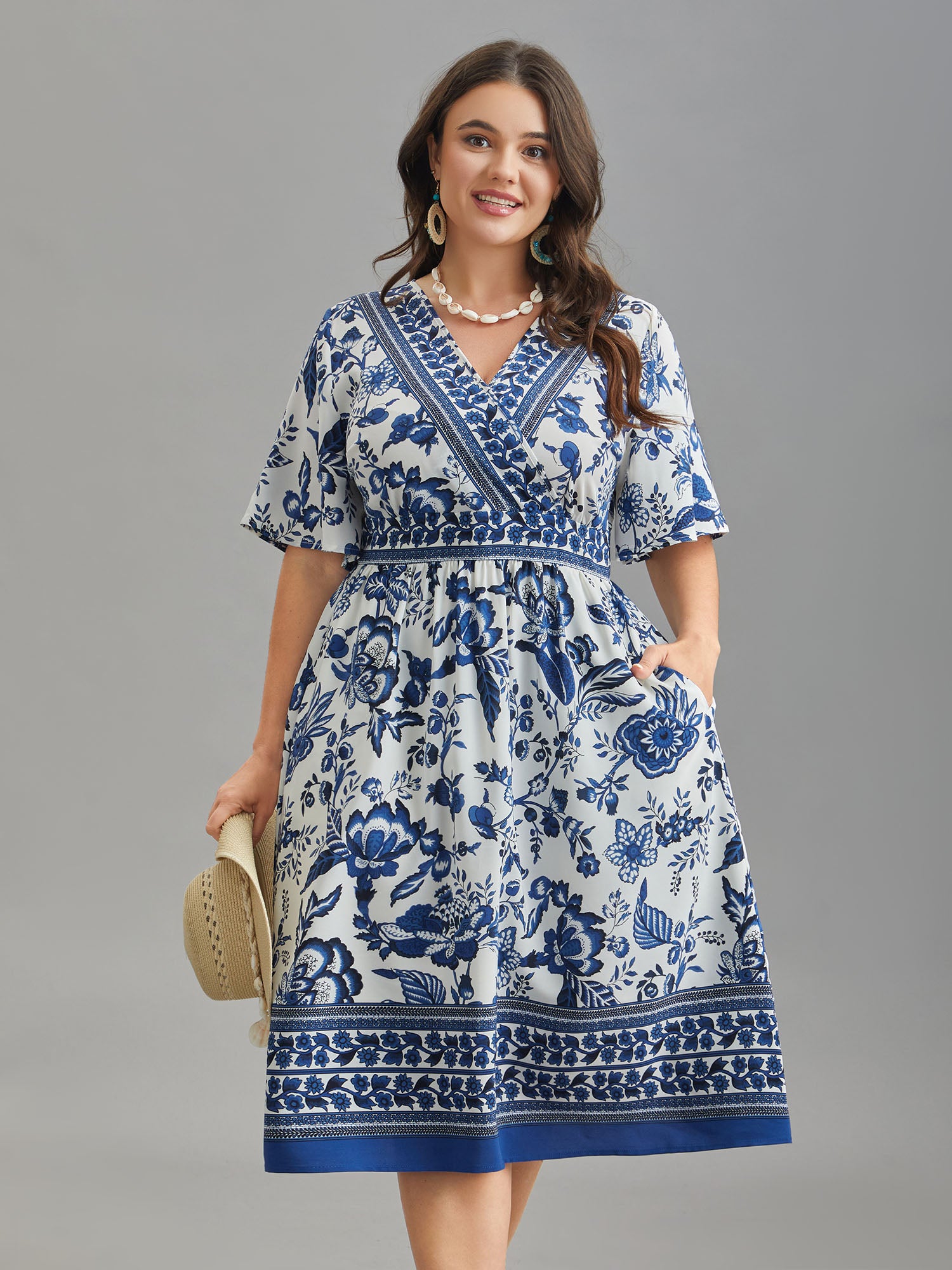 Floral Print Wrap-Neck Pocket Midi Dress