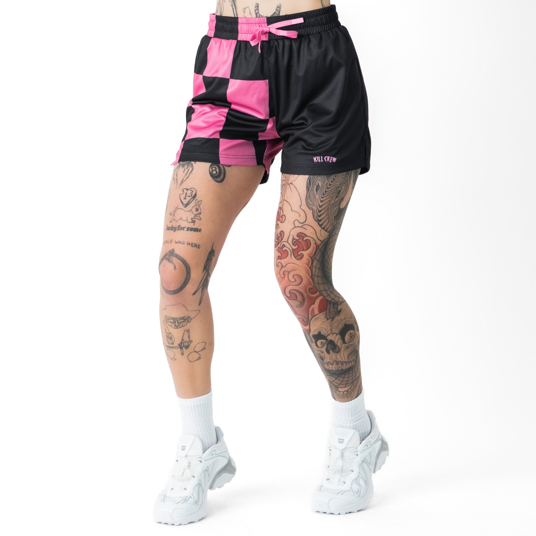MUAY THAI SHORTS (MID THIGH CUT) CHECKER - BLACK / PINK