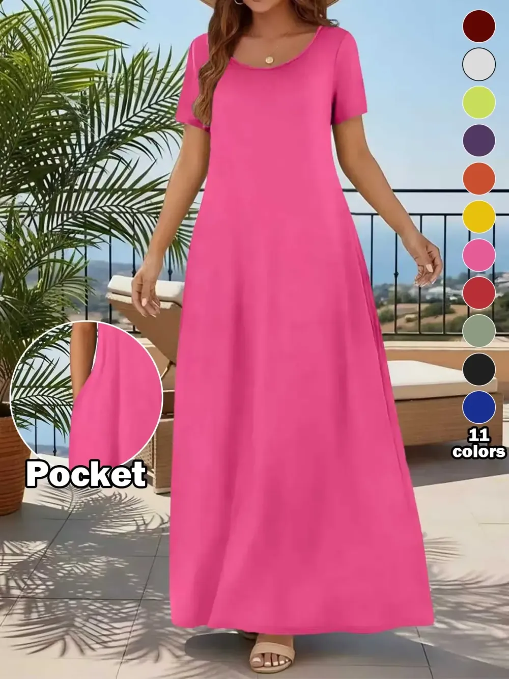 Women's Casual Commuter Plain Minimalist Short Sleeve Dress with Pockets, Loose Fit Summer & Fall, Essential Beachwear