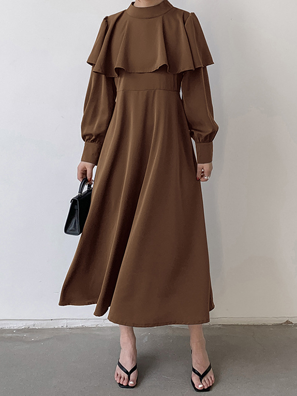Ruffle Trim Solid Color Tied Waist A-Line Long Sleeves Mock Neck Midi Dresses