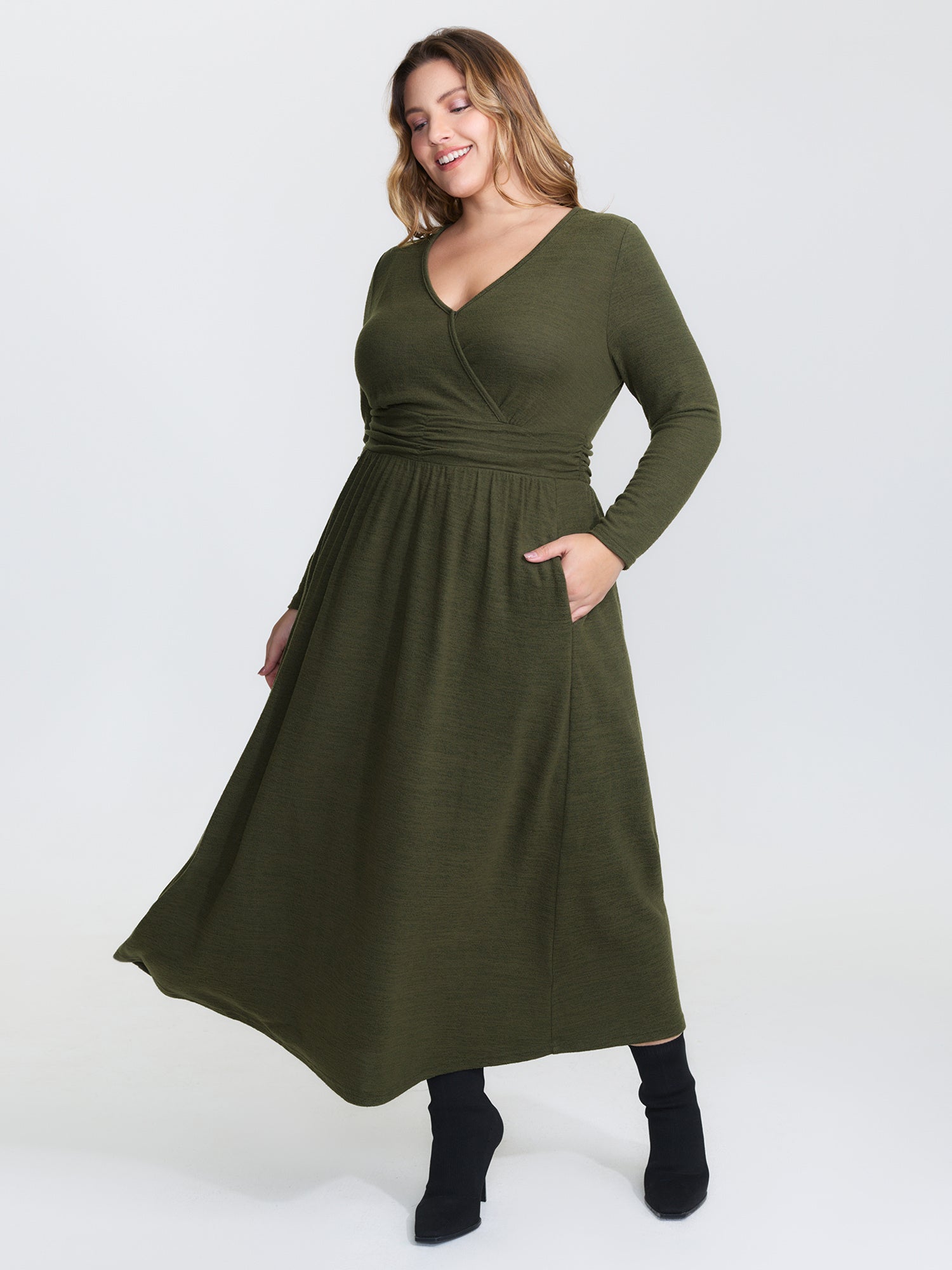 Pleated Waist Wrap Neckline Knit Maxi Dress