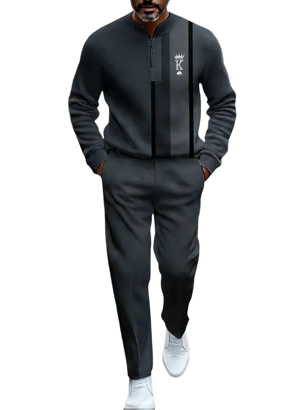 Men's Fashion New Retro Beige & Brown Block Semi-Cardigan Set