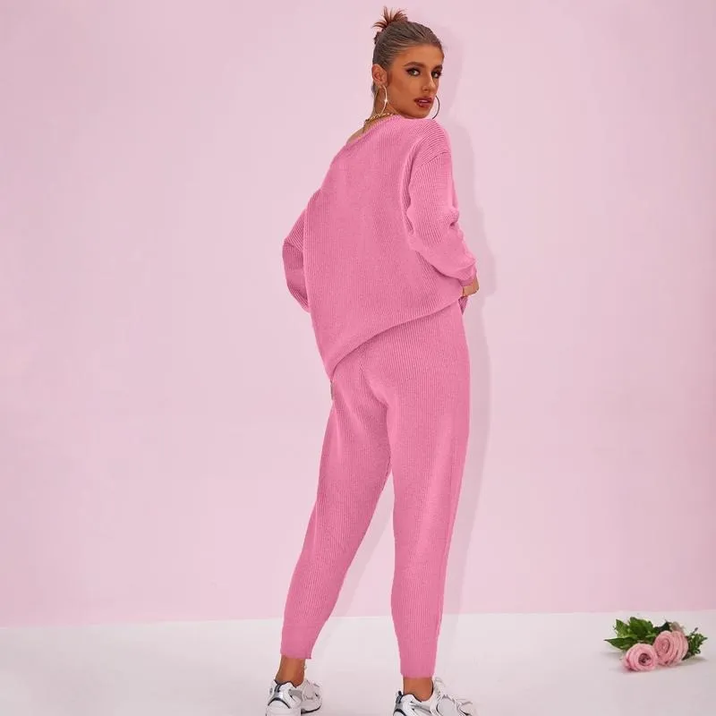 Women's 2025 Fall Winter Knit Set Oversized Sweater & Lounge Pants Matching Sets