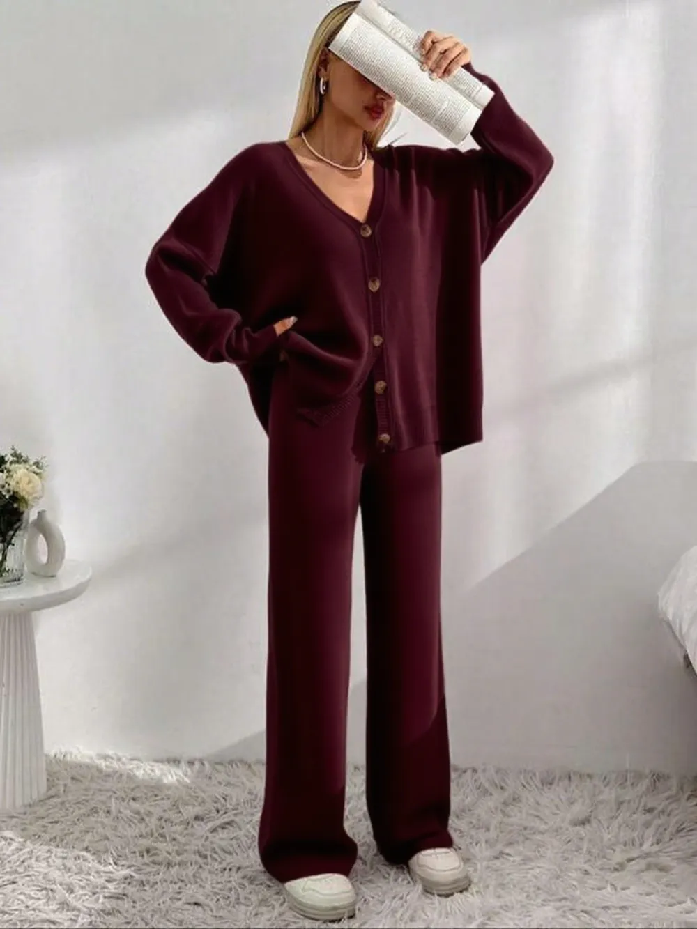 Women's  V Neck Cardigan & Elastic Waist Wide Leg Pants Two-piece Set