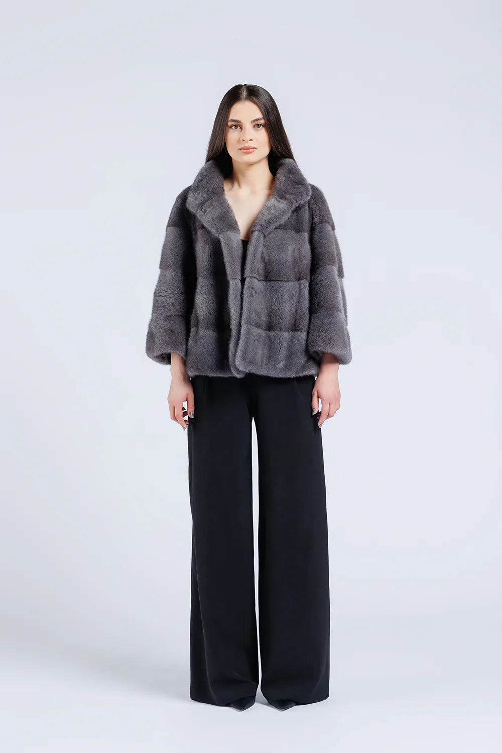 Haină din Blană Naturală de Vizon, Mânecă Clopot, Oversized, Femei, Graphite 229