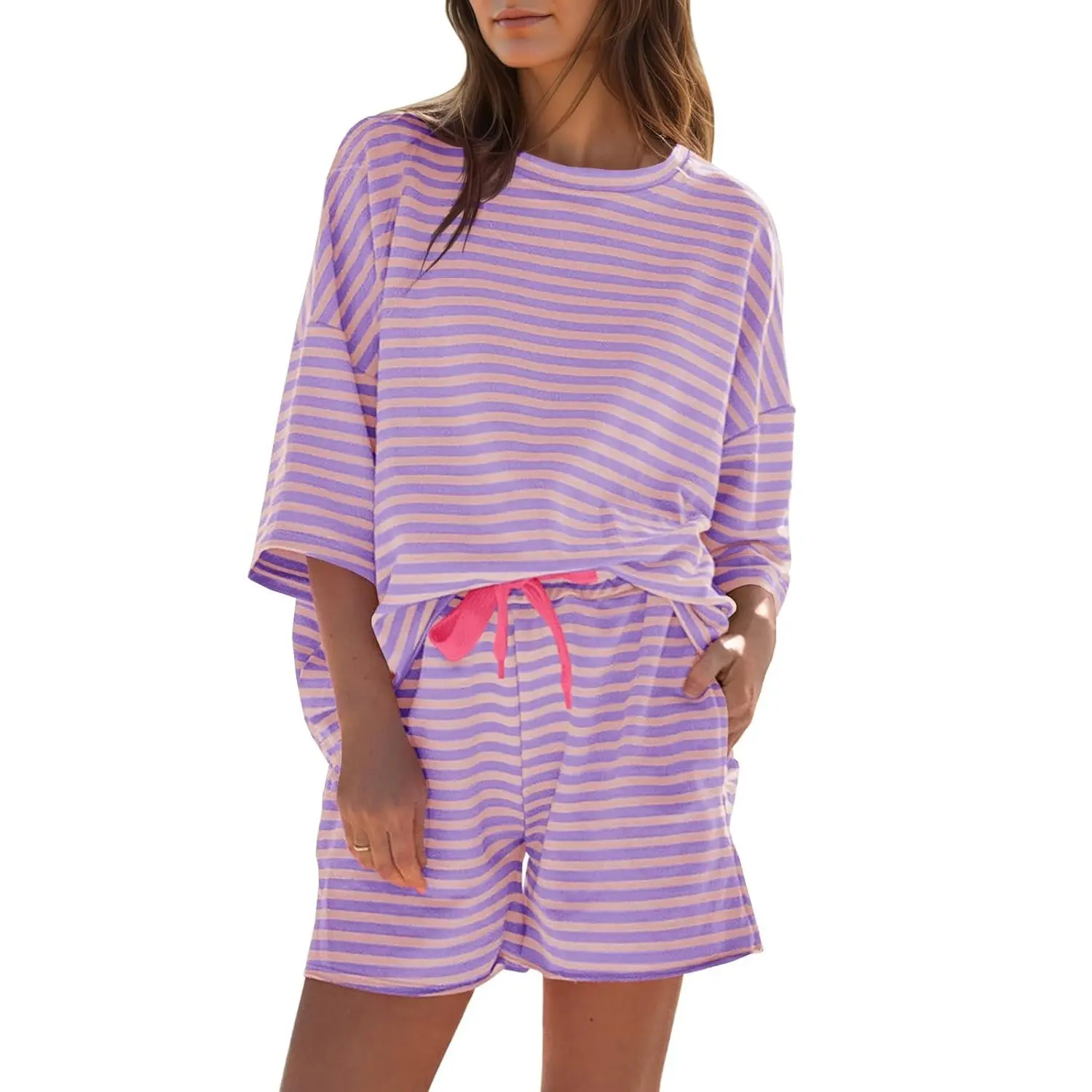 Womens Striped Short Sets 2 Piece Outfits Sweatsuits 3/4 Sleeve Pajamas Casual Lounge Sets
