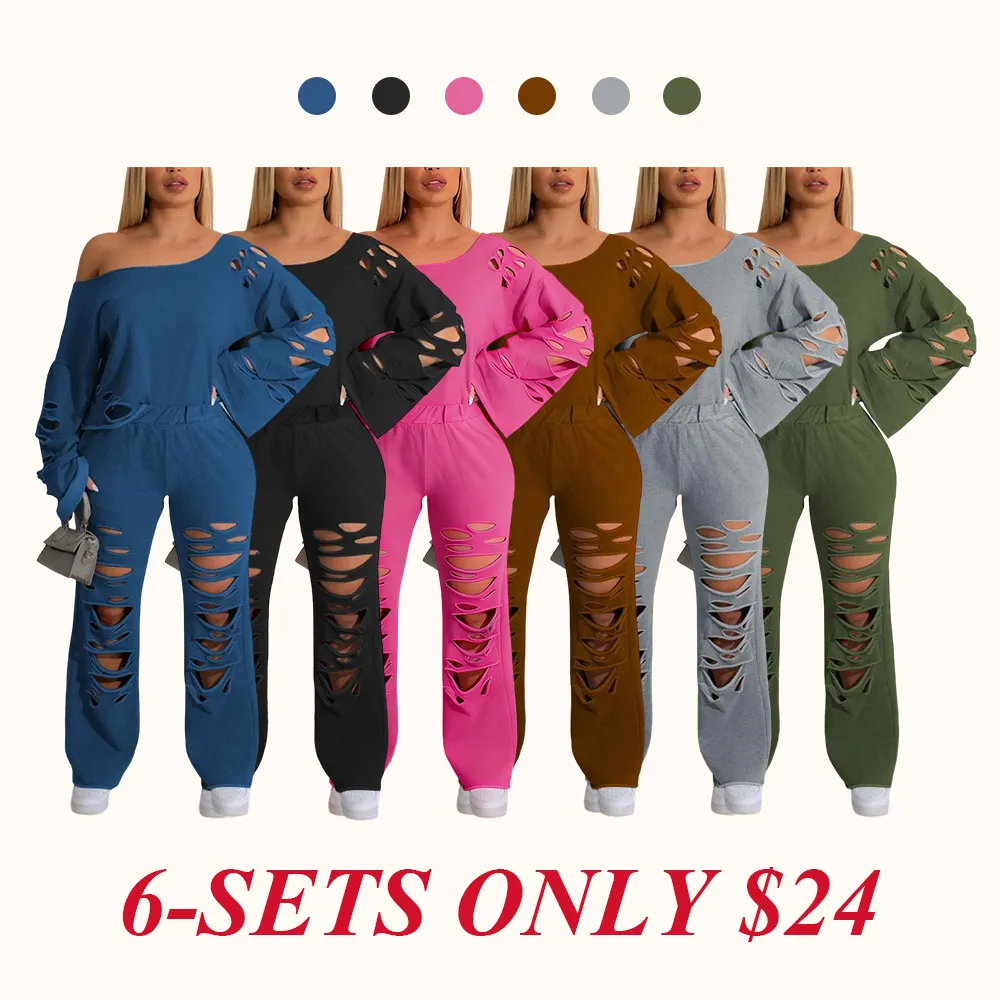 Women's Ripped Asymmetrical Neck Pullover & Wide Leg Pants Set