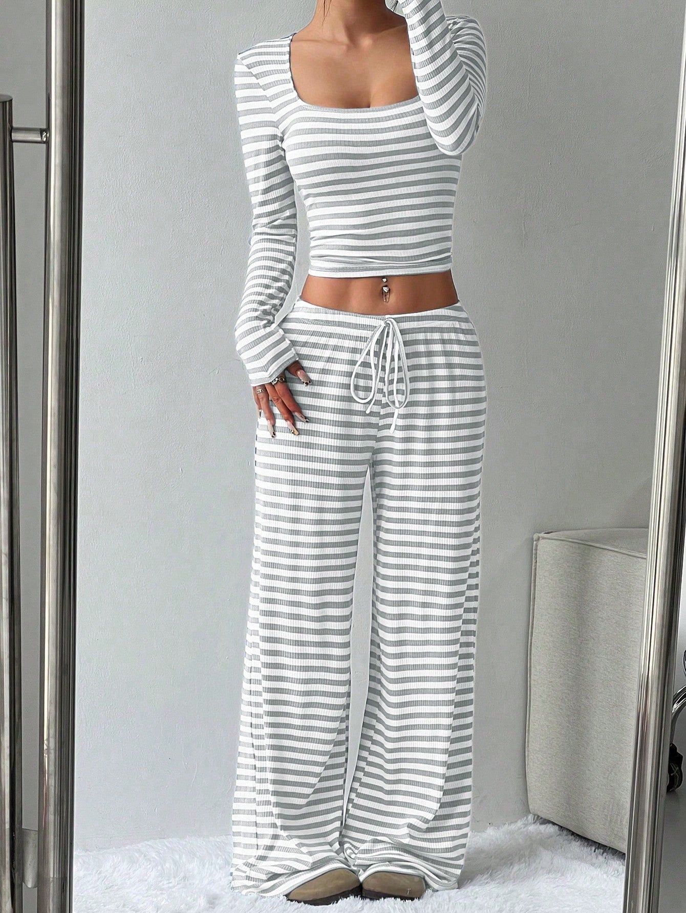 Women's Slouchy Square Neck Stripe Long Sleeve Crop Top & Low-Rise Wide Leg Trousers Co-ord, Minimalist Two Piece Outfits, Cozy Womenswear
