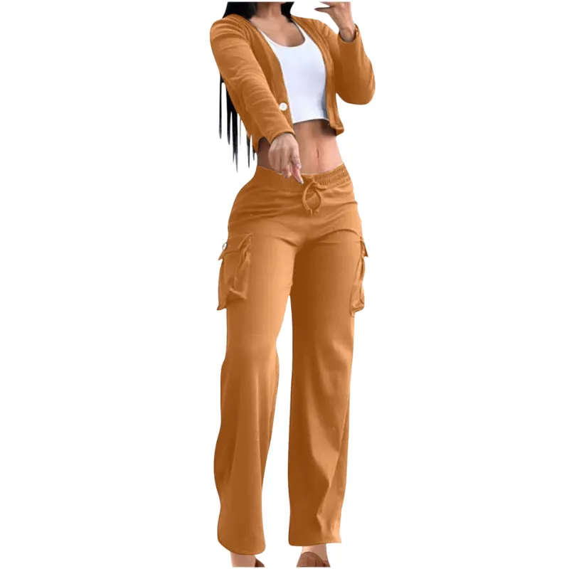 2 Piece Set for Women Casual Suit Cardigan Button with Pocket