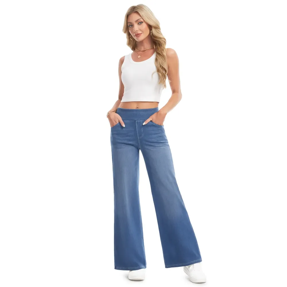 Wide Leg Stretchy Jeans for Women Loose Fit Elastic High Waist Pants