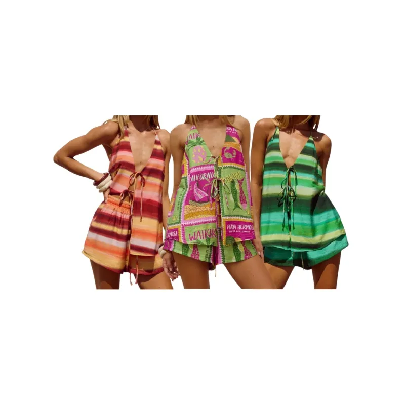 Tree & Stripes Print Tie-up Vest & Shorts