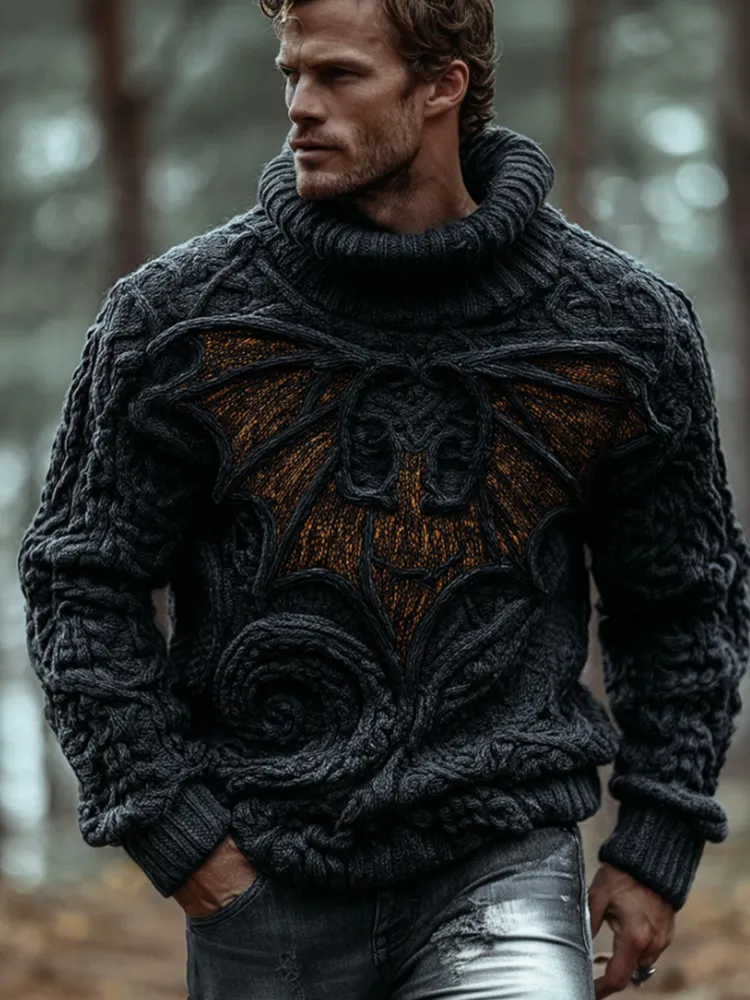 Men's Halloween 3d Embroidered Bat Pattern High Collar Sweater