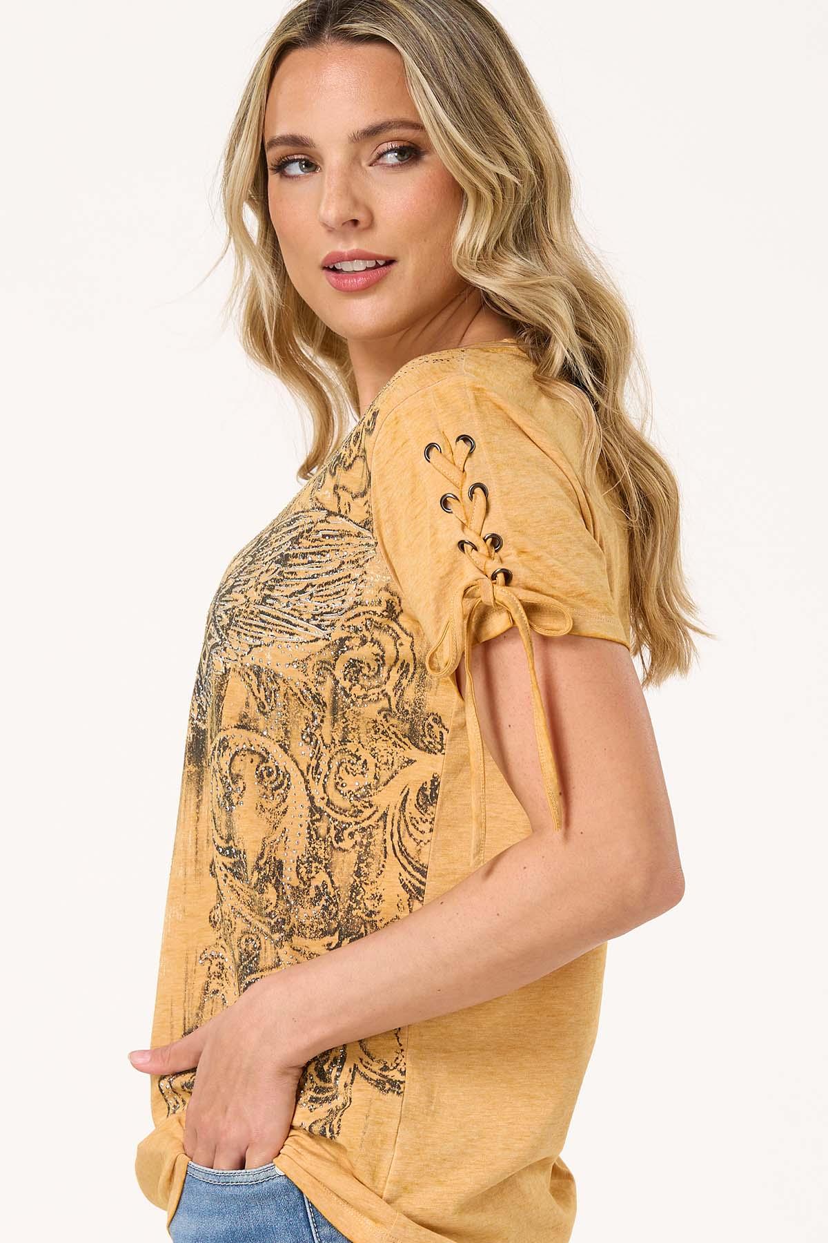 Embellished Lace Up Sleeve Tee